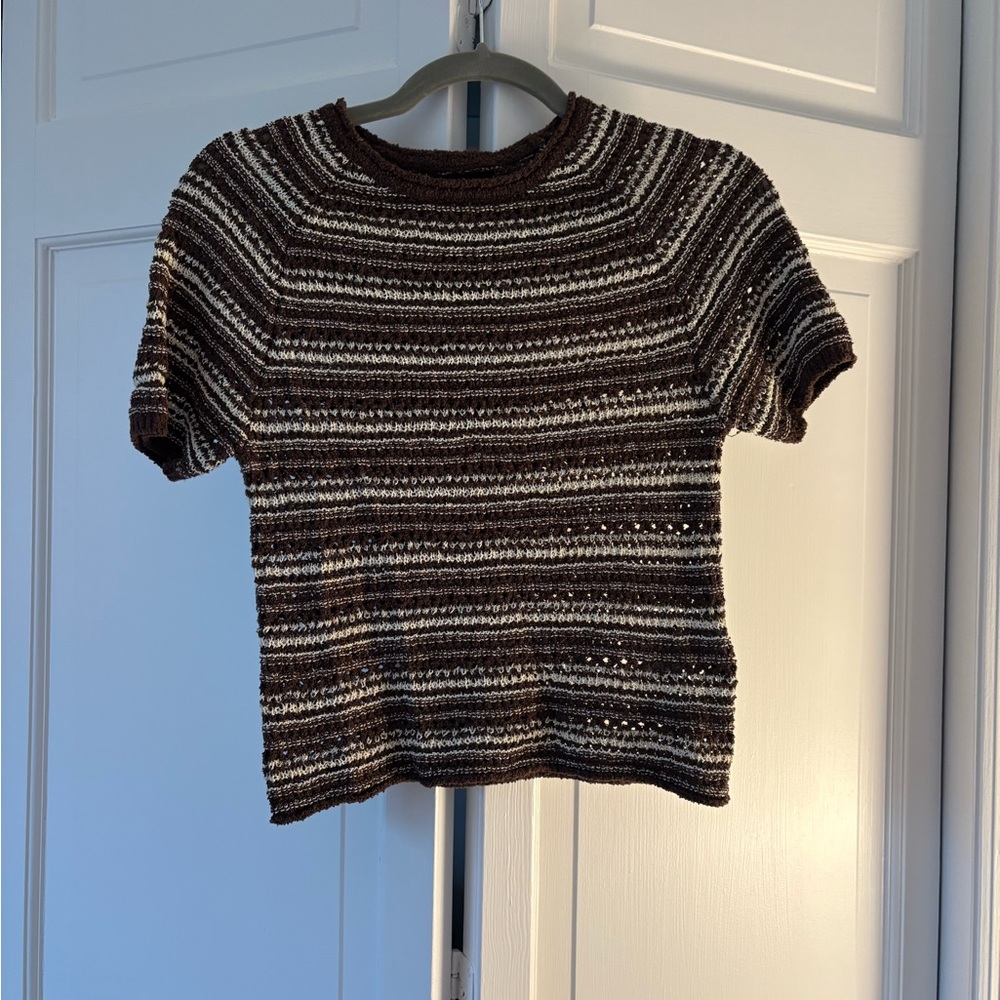 Zara Brown and Cream Striped Short-Sleeve Crop Top